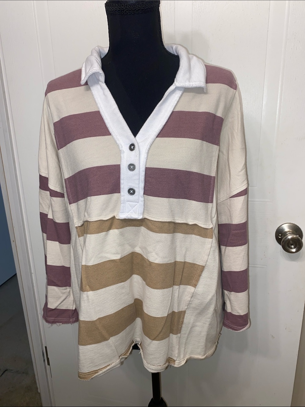 Cato Striped Polo Shirt in Cream, Mauve & Tan